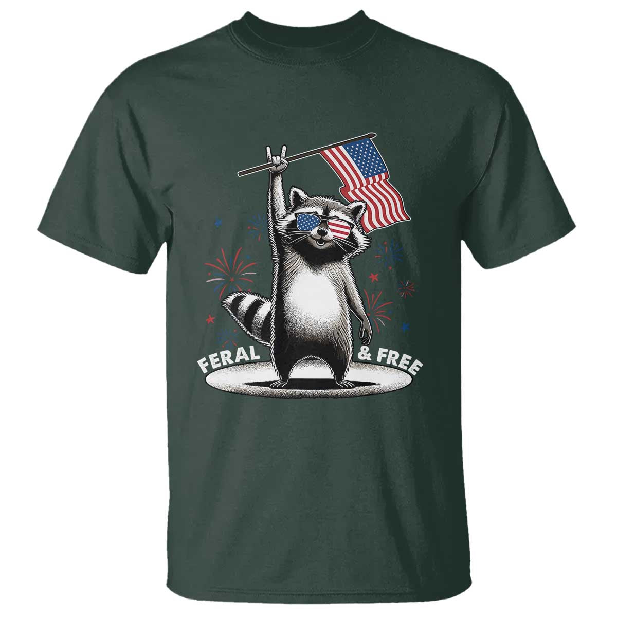 Funny Feral And Free T Shirt 4th of July Patriotic Raccoon With American Flag Fireworks - Wonder Print Shop
