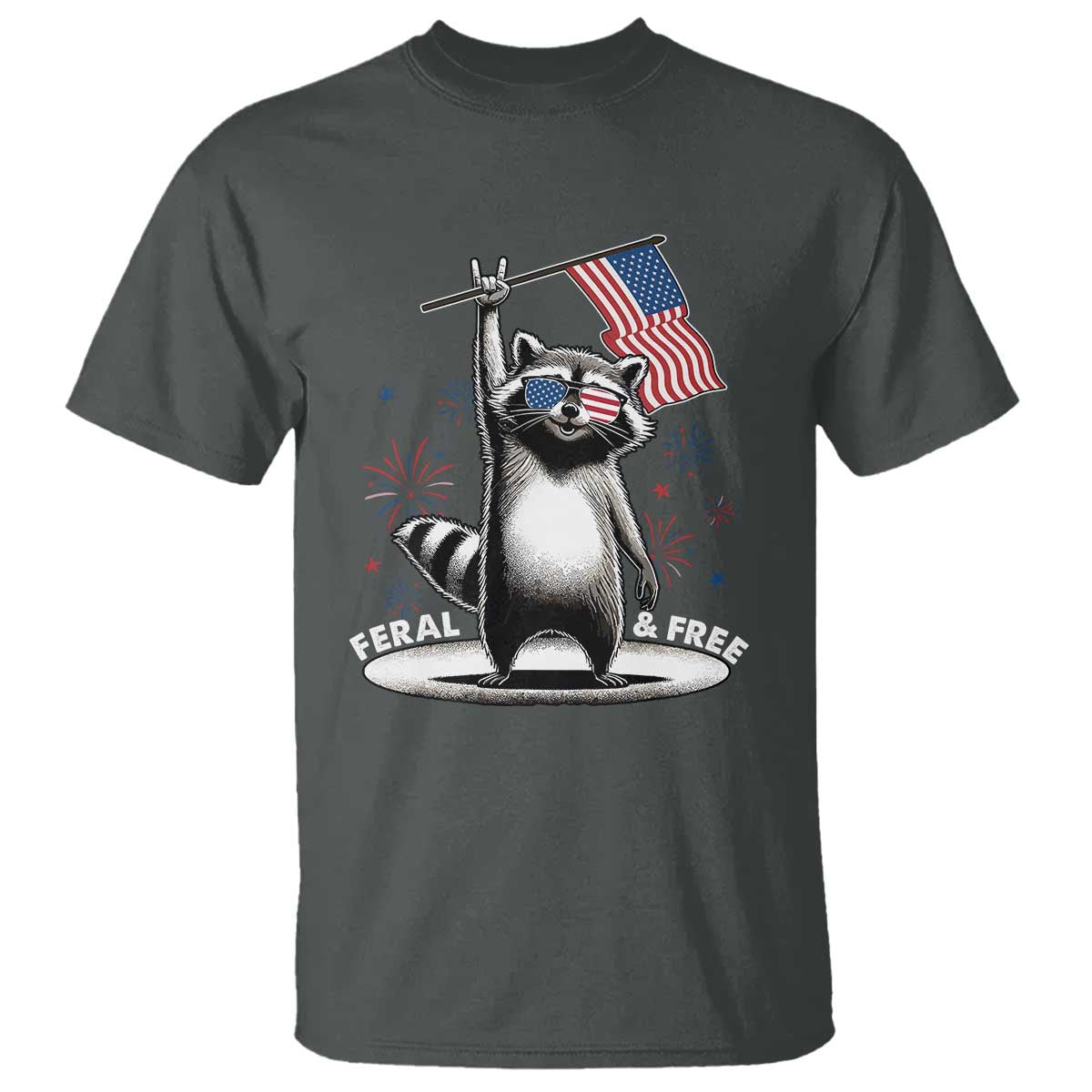 Funny Feral And Free T Shirt 4th of July Patriotic Raccoon With American Flag Fireworks - Wonder Print Shop
