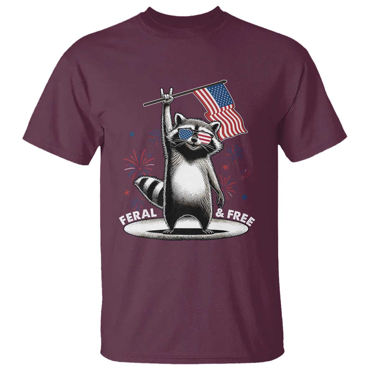 Funny Feral And Free T Shirt 4th of July Patriotic Raccoon With American Flag Fireworks - Wonder Print Shop