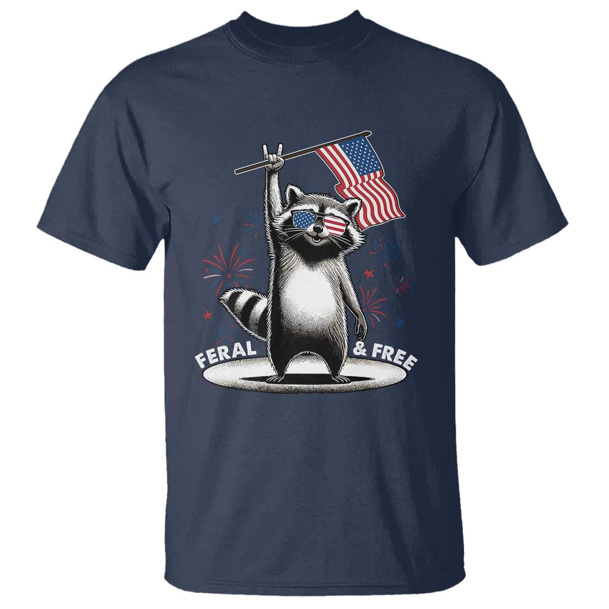 Funny Feral And Free T Shirt 4th of July Patriotic Raccoon With American Flag Fireworks - Wonder Print Shop