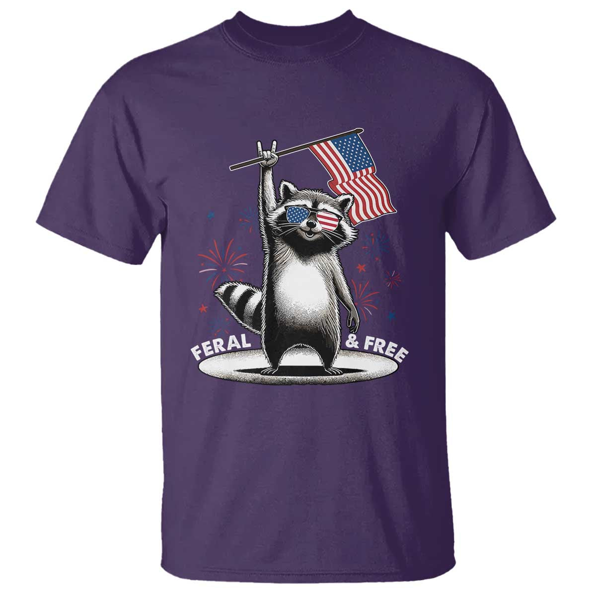 Funny Feral And Free T Shirt 4th of July Patriotic Raccoon With American Flag Fireworks - Wonder Print Shop