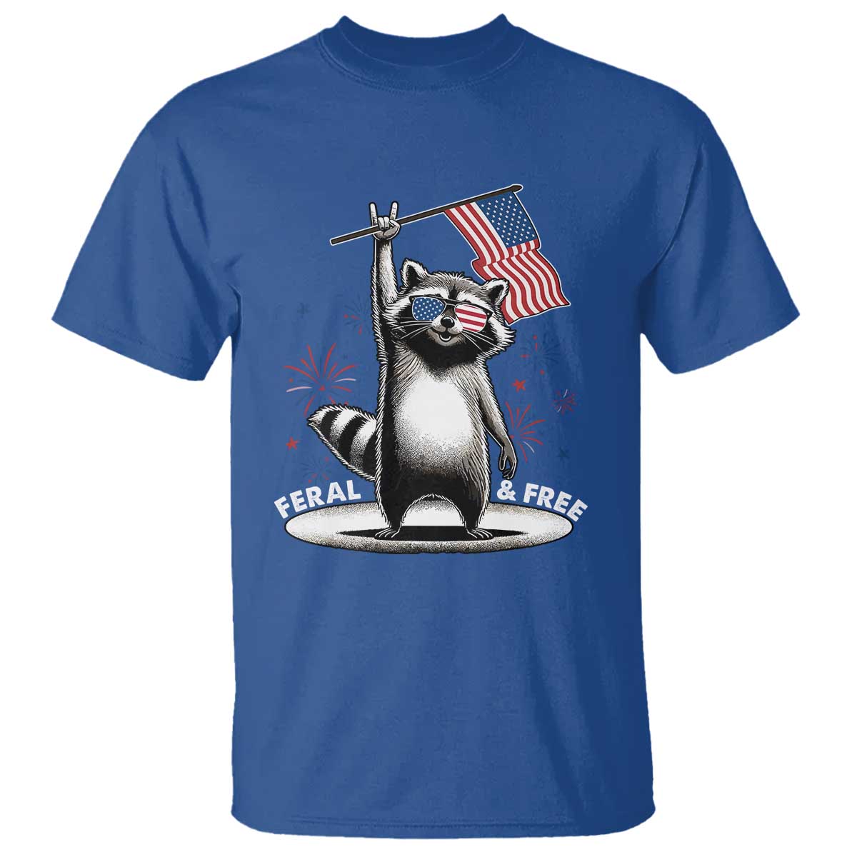 Funny Feral And Free T Shirt 4th of July Patriotic Raccoon With American Flag Fireworks - Wonder Print Shop