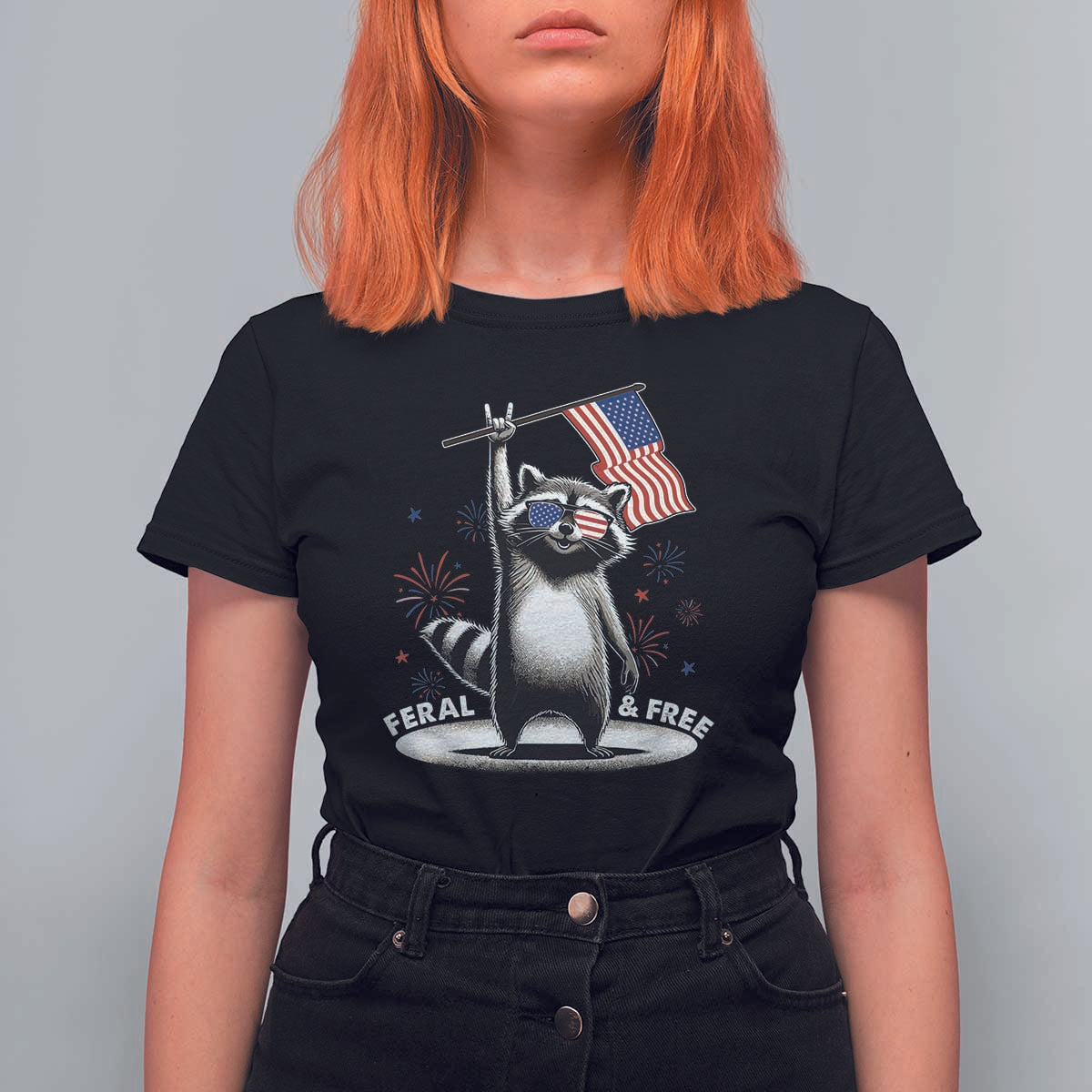 Funny Feral And Free T Shirt For Women 4th of July Patriotic Raccoon With American Flag Fireworks - Wonder Print Shop
