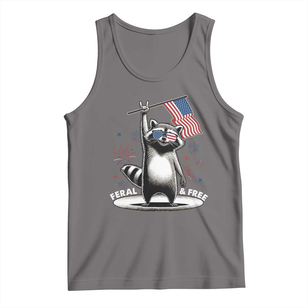 Funny Feral And Free Tank Top 4th of July Patriotic Raccoon With American Flag Fireworks - Wonder Print Shop