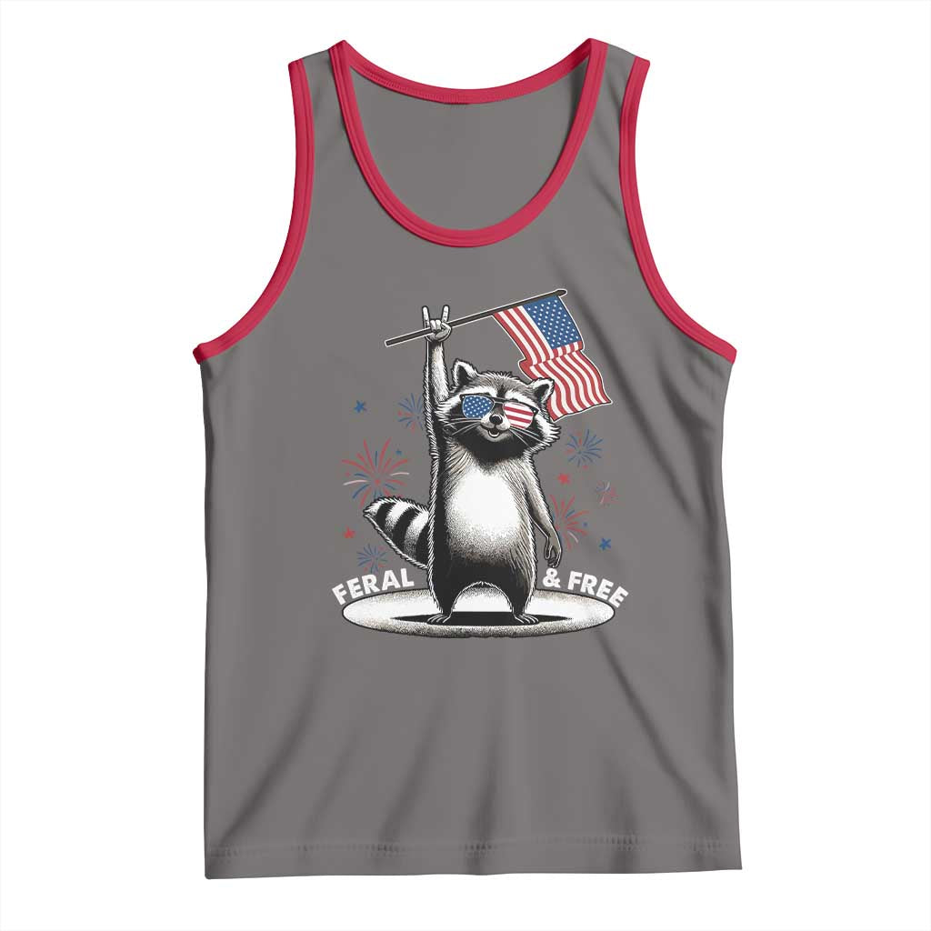Funny Feral And Free Tank Top 4th of July Patriotic Raccoon With American Flag Fireworks - Wonder Print Shop