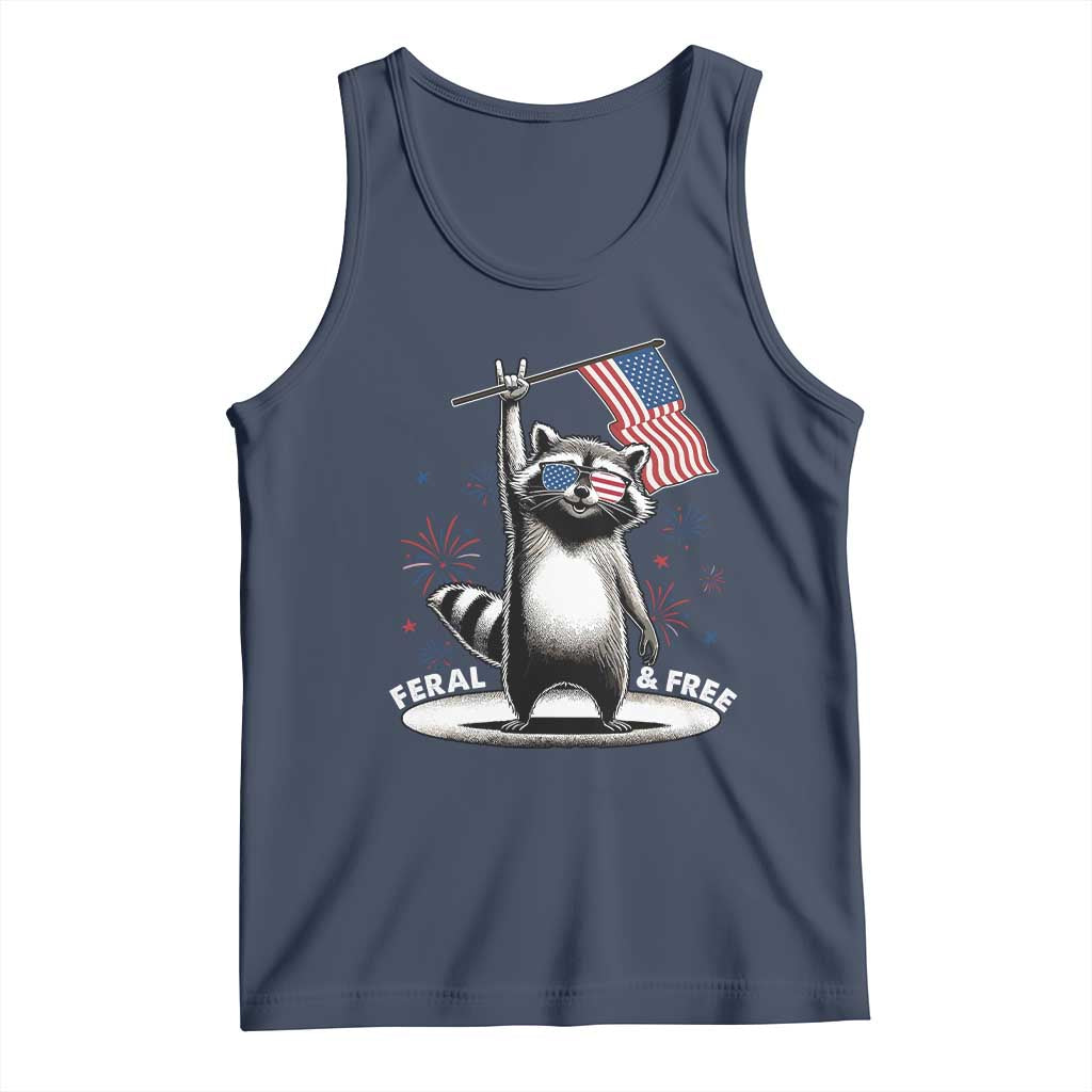 Funny Feral And Free Tank Top 4th of July Patriotic Raccoon With American Flag Fireworks - Wonder Print Shop
