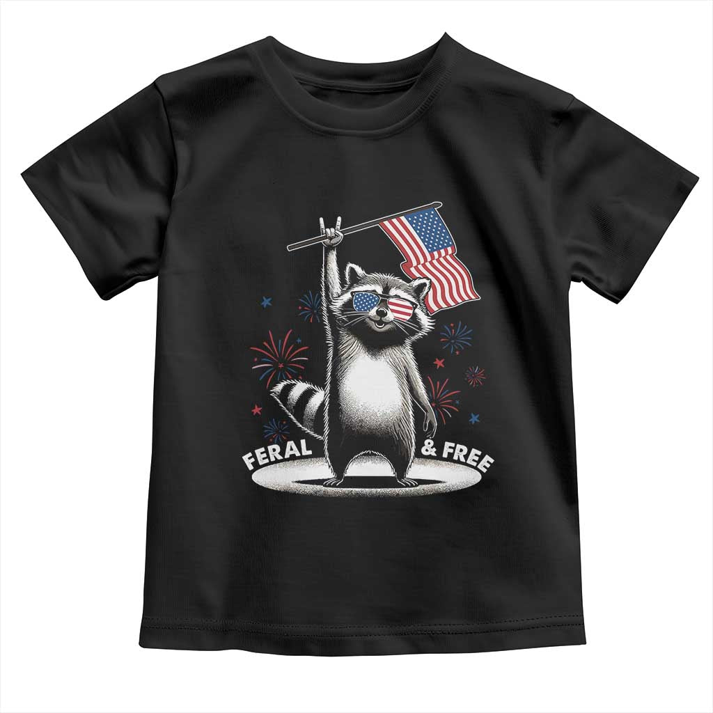 Funny Feral And Free Toddler T Shirt 4th of July Patriotic Raccoon With American Flag Fireworks - Wonder Print Shop