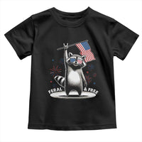 Funny Feral And Free Toddler T Shirt 4th of July Patriotic Raccoon With American Flag Fireworks - Wonder Print Shop