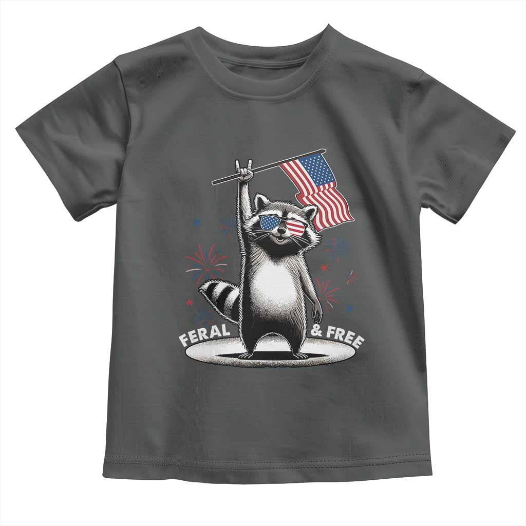 Funny Feral And Free Toddler T Shirt 4th of July Patriotic Raccoon With American Flag Fireworks - Wonder Print Shop