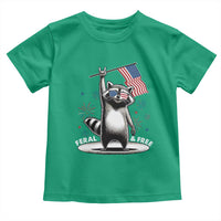 Funny Feral And Free Toddler T Shirt 4th of July Patriotic Raccoon With American Flag Fireworks - Wonder Print Shop
