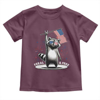 Funny Feral And Free Toddler T Shirt 4th of July Patriotic Raccoon With American Flag Fireworks - Wonder Print Shop