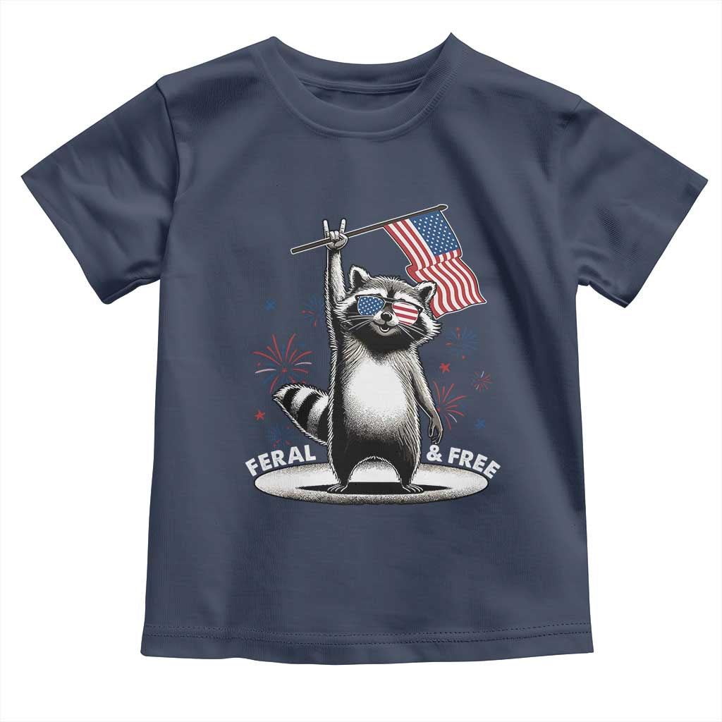 Funny Feral And Free Toddler T Shirt 4th of July Patriotic Raccoon With American Flag Fireworks - Wonder Print Shop