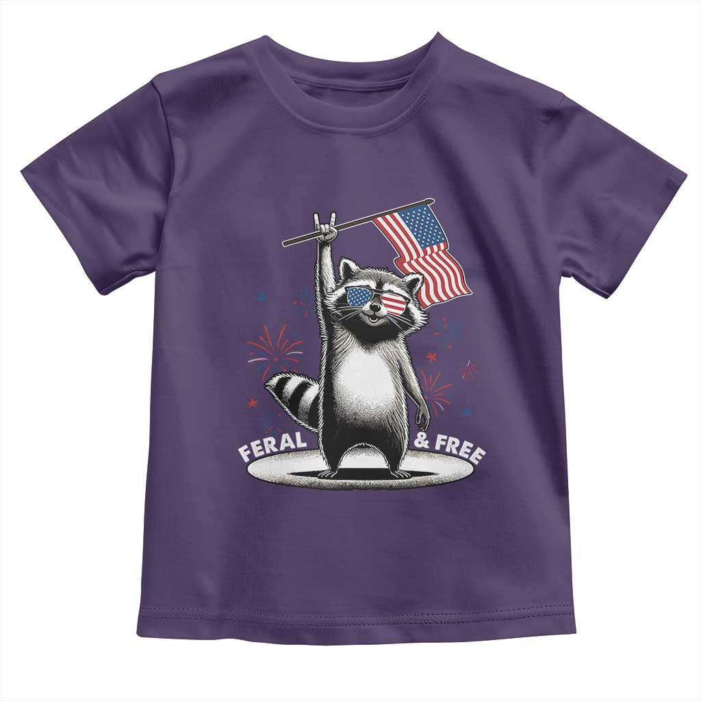 Funny Feral And Free Toddler T Shirt 4th of July Patriotic Raccoon With American Flag Fireworks - Wonder Print Shop
