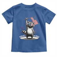 Funny Feral And Free Toddler T Shirt 4th of July Patriotic Raccoon With American Flag Fireworks - Wonder Print Shop