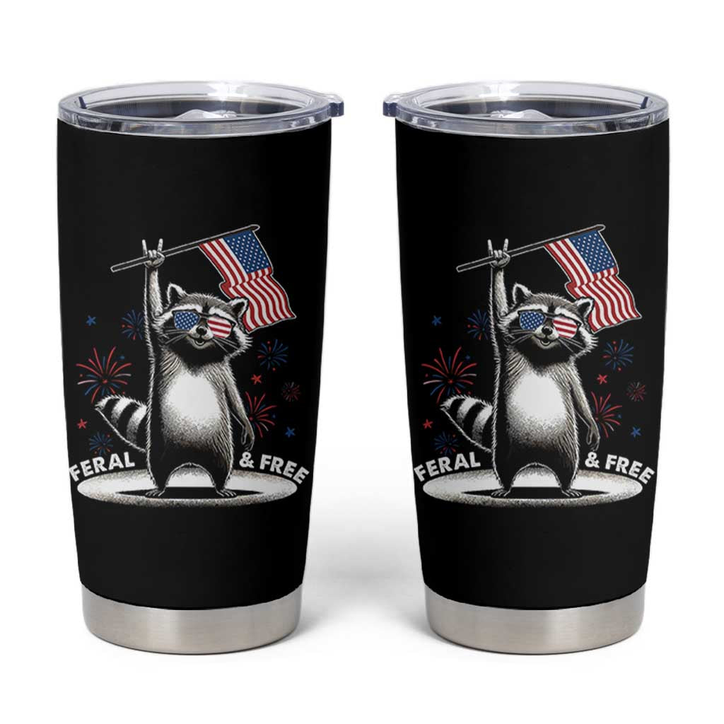Funny Feral And Free Tumbler Cup 4th of July Patriotic Raccoon With American Flag Fireworks - Wonder Print Shop