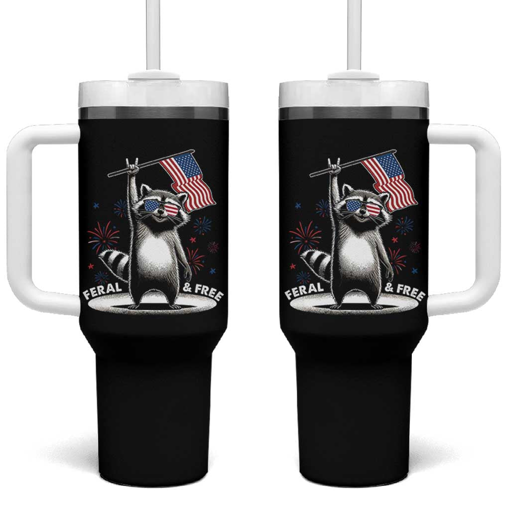 Funny Feral And Free Tumbler With Handle 4th of July Patriotic Raccoon With American Flag Fireworks - Wonder Print Shop
