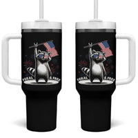Funny Feral And Free Tumbler With Handle 4th of July Patriotic Raccoon With American Flag Fireworks - Wonder Print Shop
