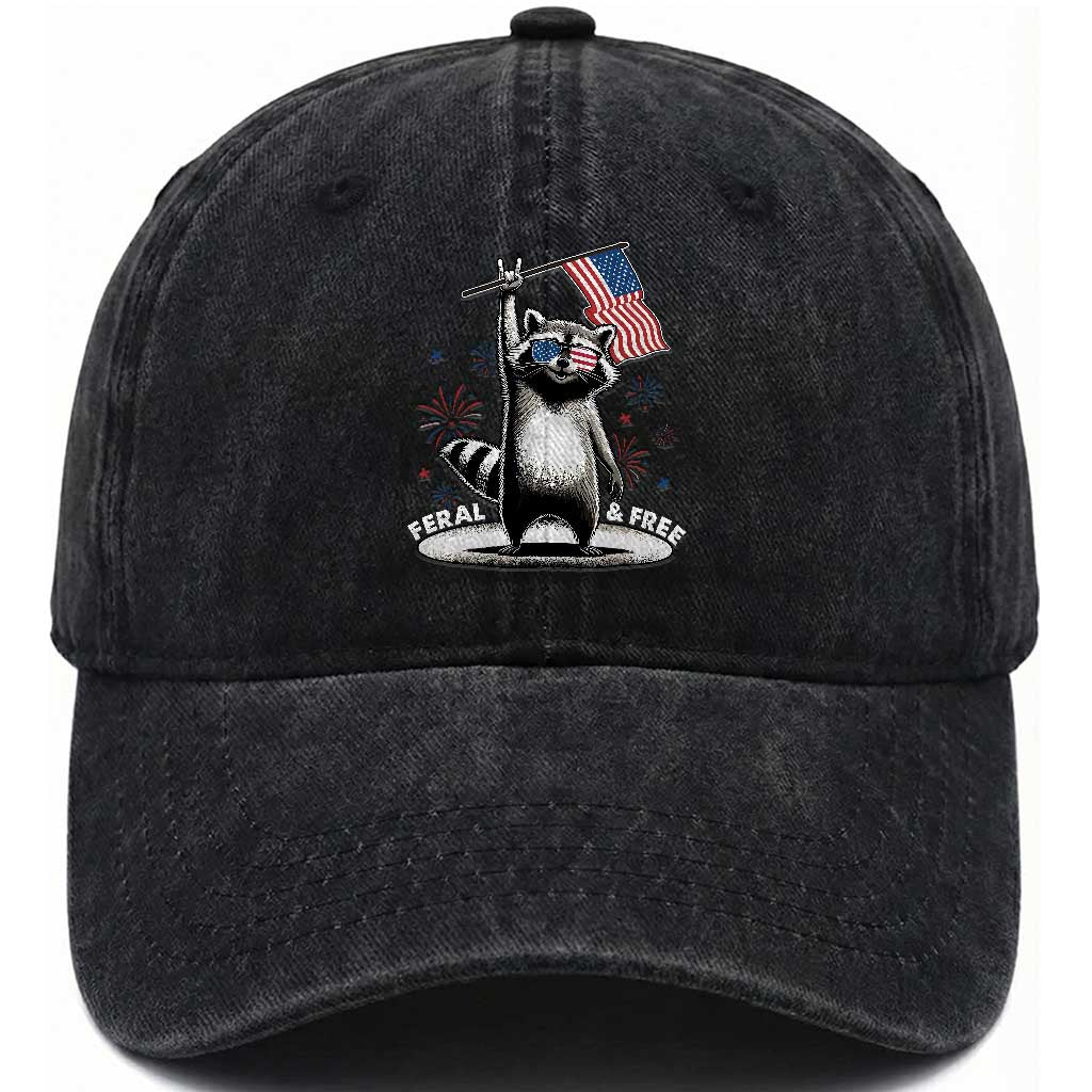 Funny Feral And Free Washed Cotton Baseball Cap 4th of July Patriotic Raccoon With American Flag Fireworks