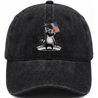 Funny Feral And Free Washed Cotton Baseball Cap 4th of July Patriotic Raccoon With American Flag Fireworks