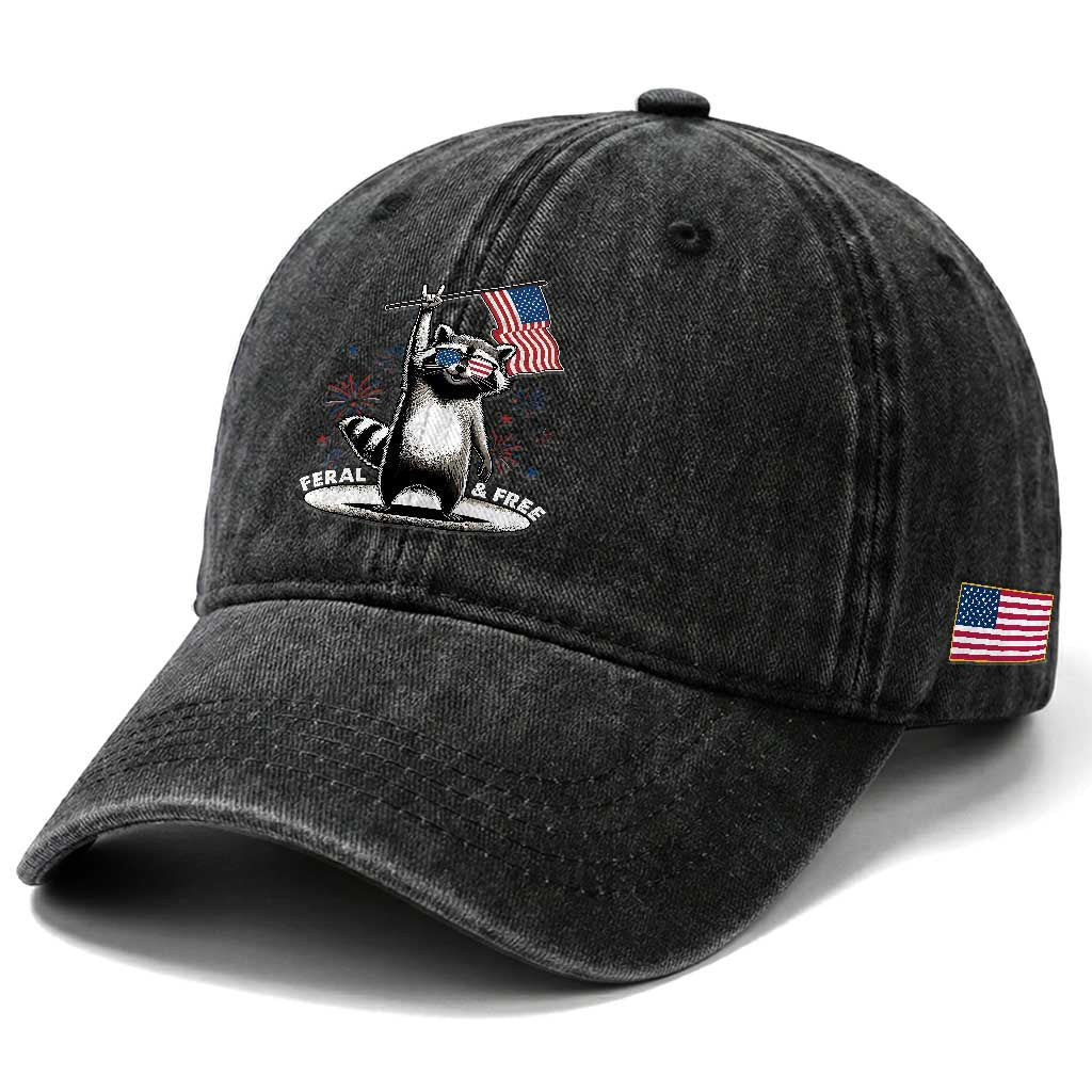 Funny Feral And Free Washed Cotton Baseball Cap 4th of July Patriotic Raccoon With American Flag Fireworks