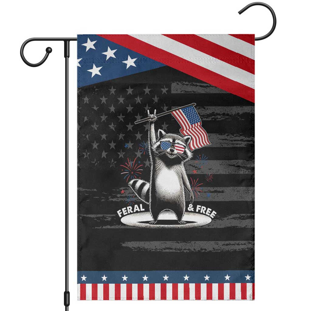 Funny Feral And Free Garden Flag 4th of July Patriotic Raccoon With American Flag Fireworks