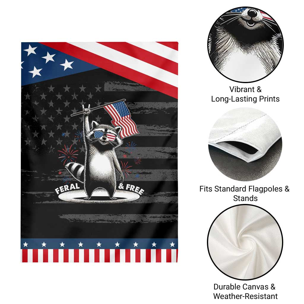 Funny Feral And Free Garden Flag 4th of July Patriotic Raccoon With American Flag Fireworks