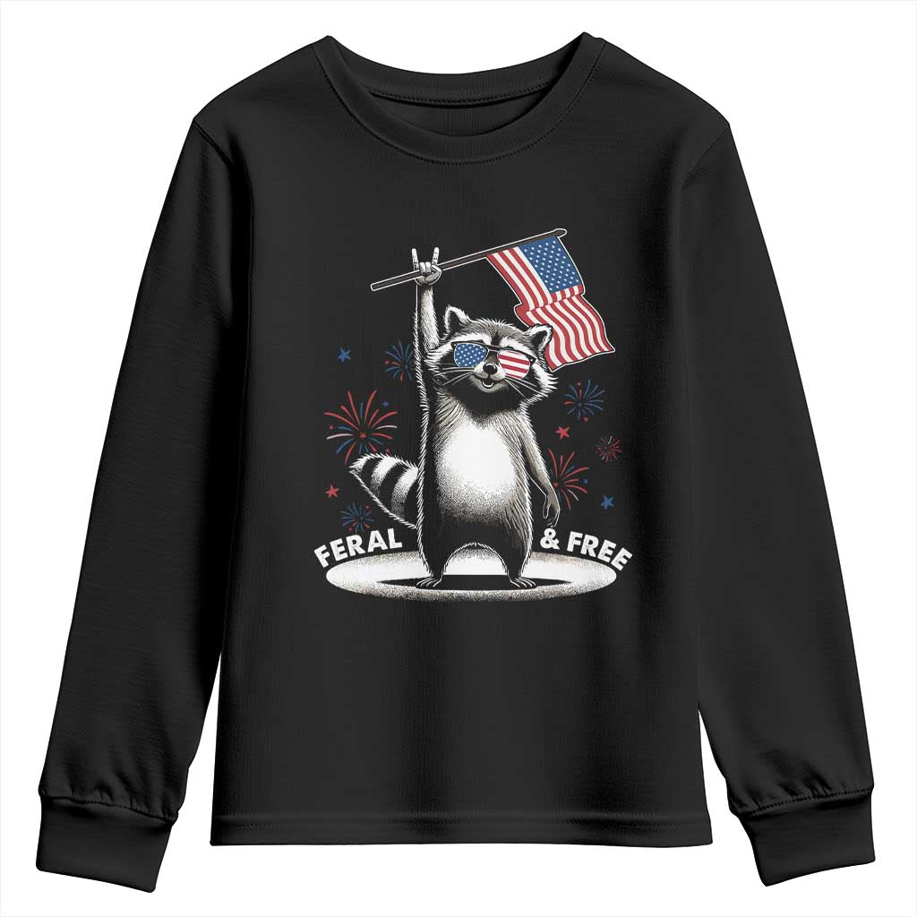 Funny Feral And Free Youth Sweatshirt 4th of July Patriotic Raccoon With American Flag Fireworks - Wonder Print Shop
