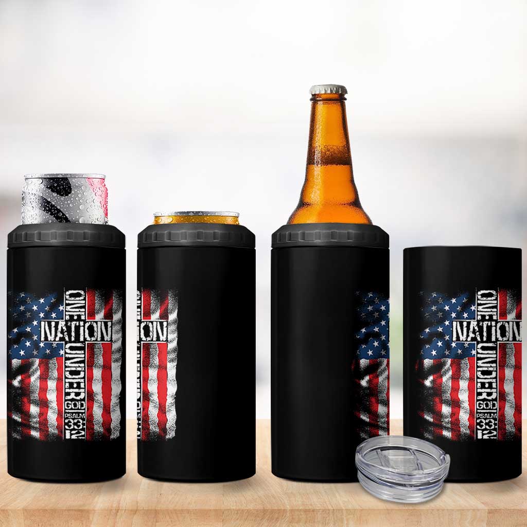 One Nation Under God 4 in 1 Can Cooler Tumbler 4th Of July Patriotic Christian Vintage Cross American Flag - Wonder Print Shop
