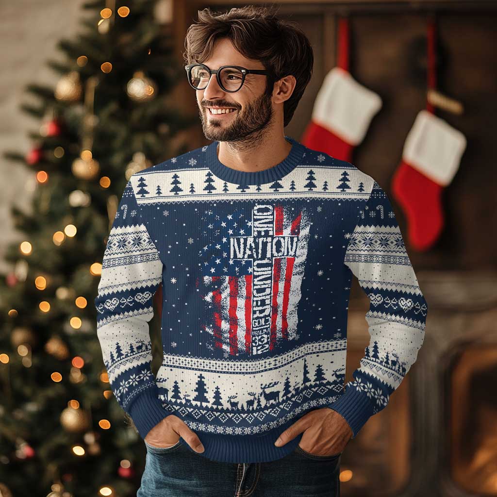 One Nation Under God Ugly Christmas Sweater 4th Of July Patriotic Christian Vintage Cross American Flag - Wonder Print Shop