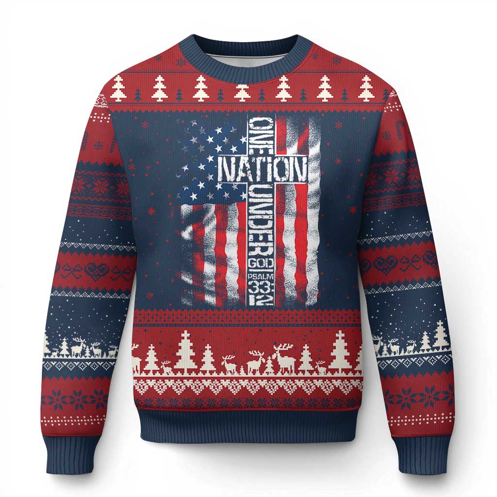 One Nation Under God Ugly Christmas Sweater 4th Of July Patriotic Christian Vintage Cross American Flag - Wonder Print Shop