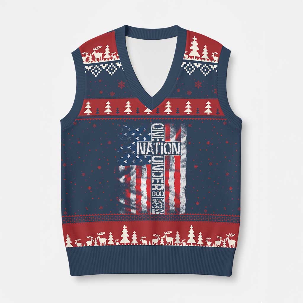 One Nation Under God V-Neck Knit Sweater Vest 4th Of July Patriotic Christian Vintage Cross American Flag - Wonder Print Shop