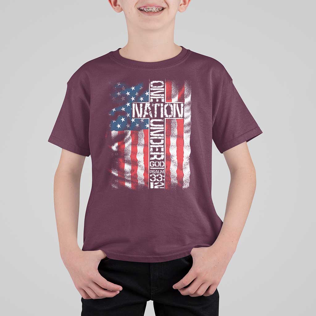 One Nation Under God T Shirt For Kid 4th Of July Patriotic Christian Vintage Cross American Flag - Wonder Print Shop