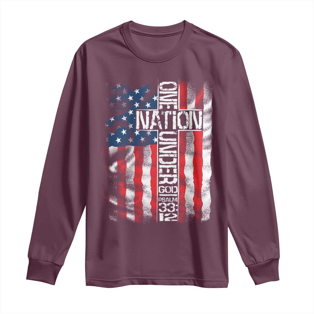 One Nation Under God Long Sleeve Shirt 4th Of July Patriotic Christian Vintage Cross American Flag - Wonder Print Shop