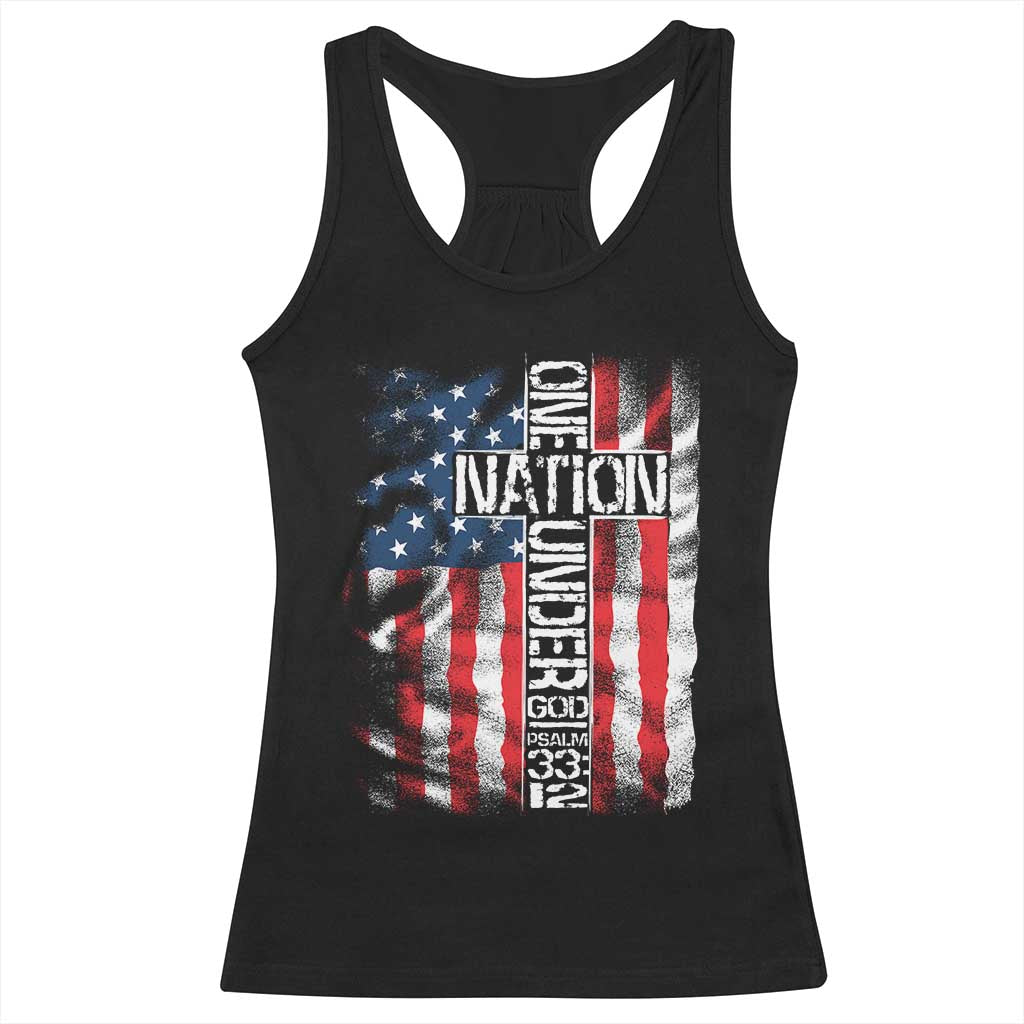 One Nation Under God Racerback Tank Top 4th Of July Patriotic Christian Vintage Cross American Flag - Wonder Print Shop