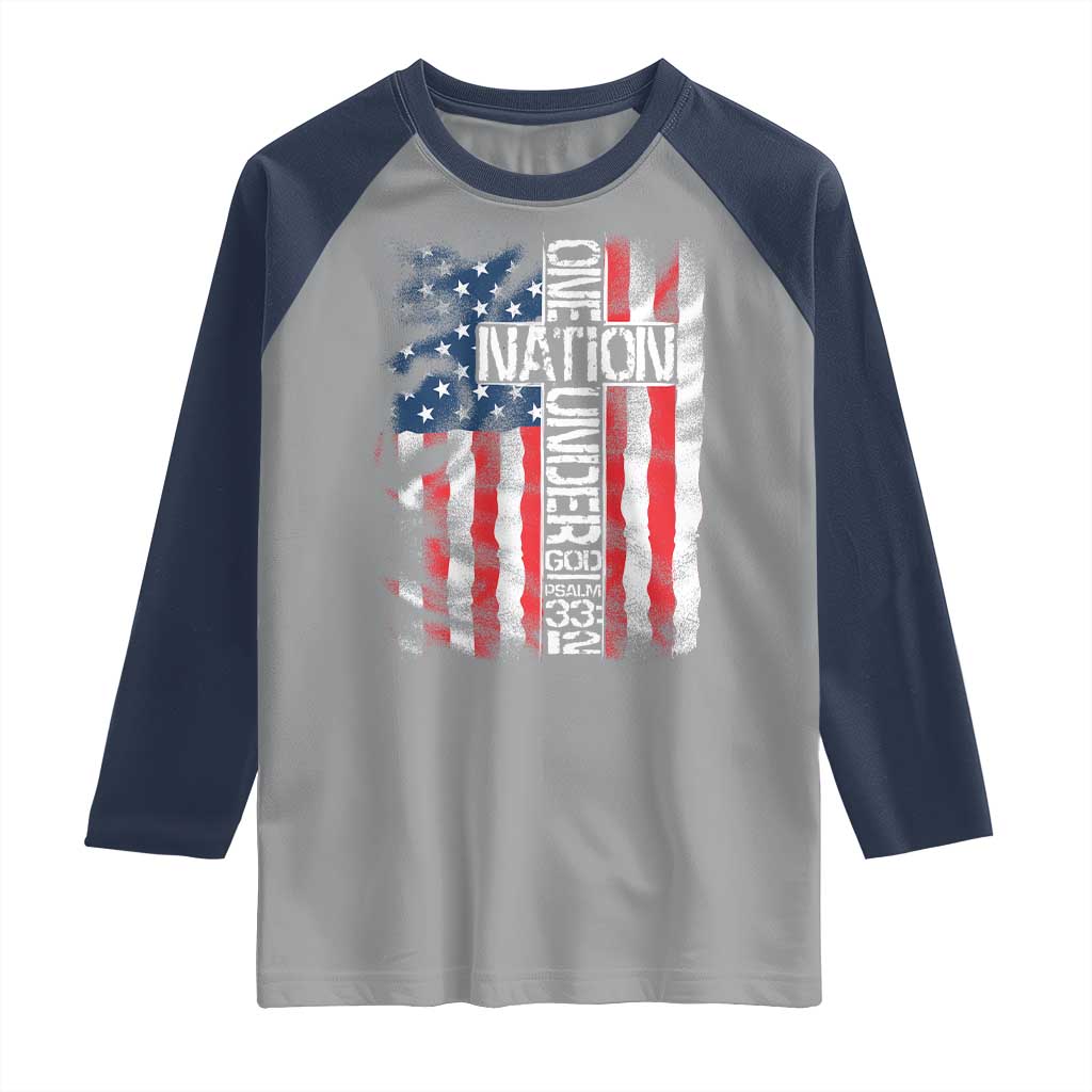 One Nation Under God Raglan Shirt 4th Of July Patriotic Christian Vintage Cross American Flag - Wonder Print Shop