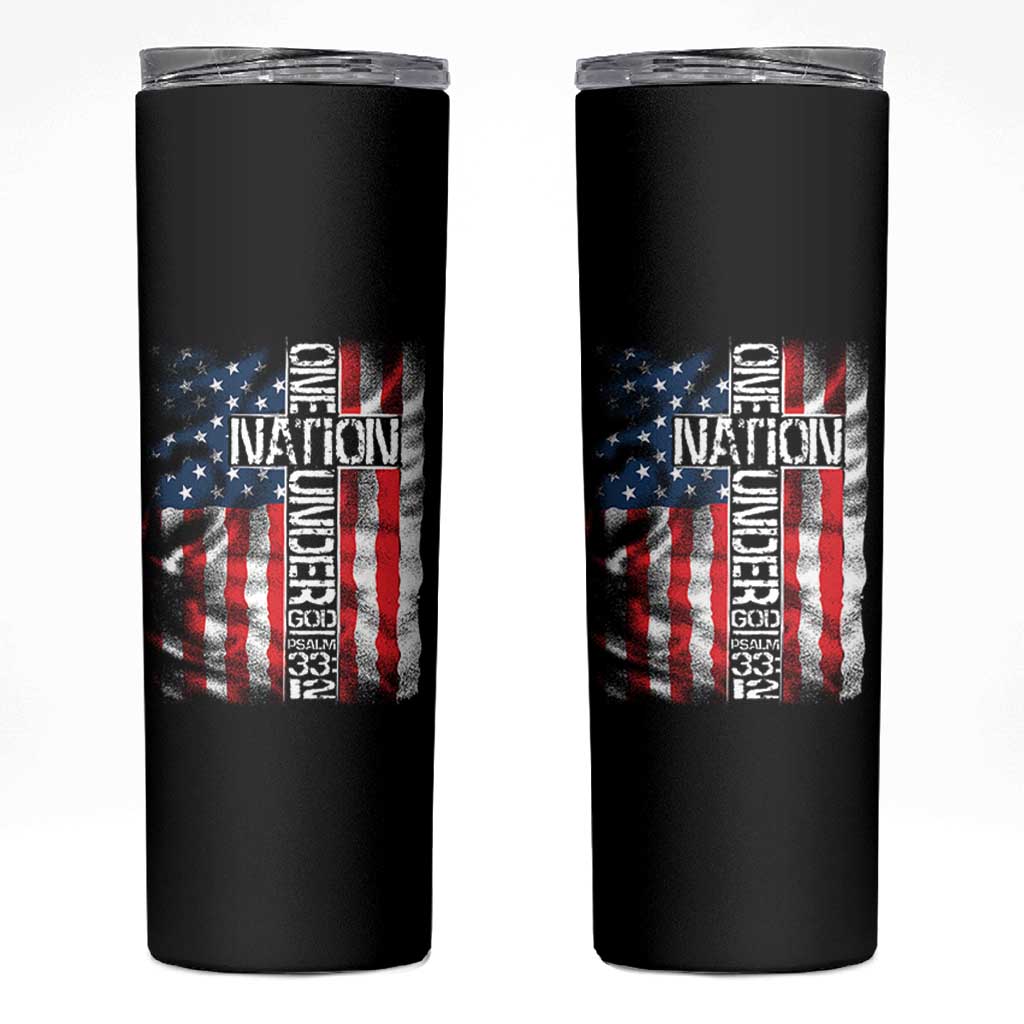 One Nation Under God Skinny Tumbler 4th Of July Patriotic Christian Vintage Cross American Flag - Wonder Print Shop