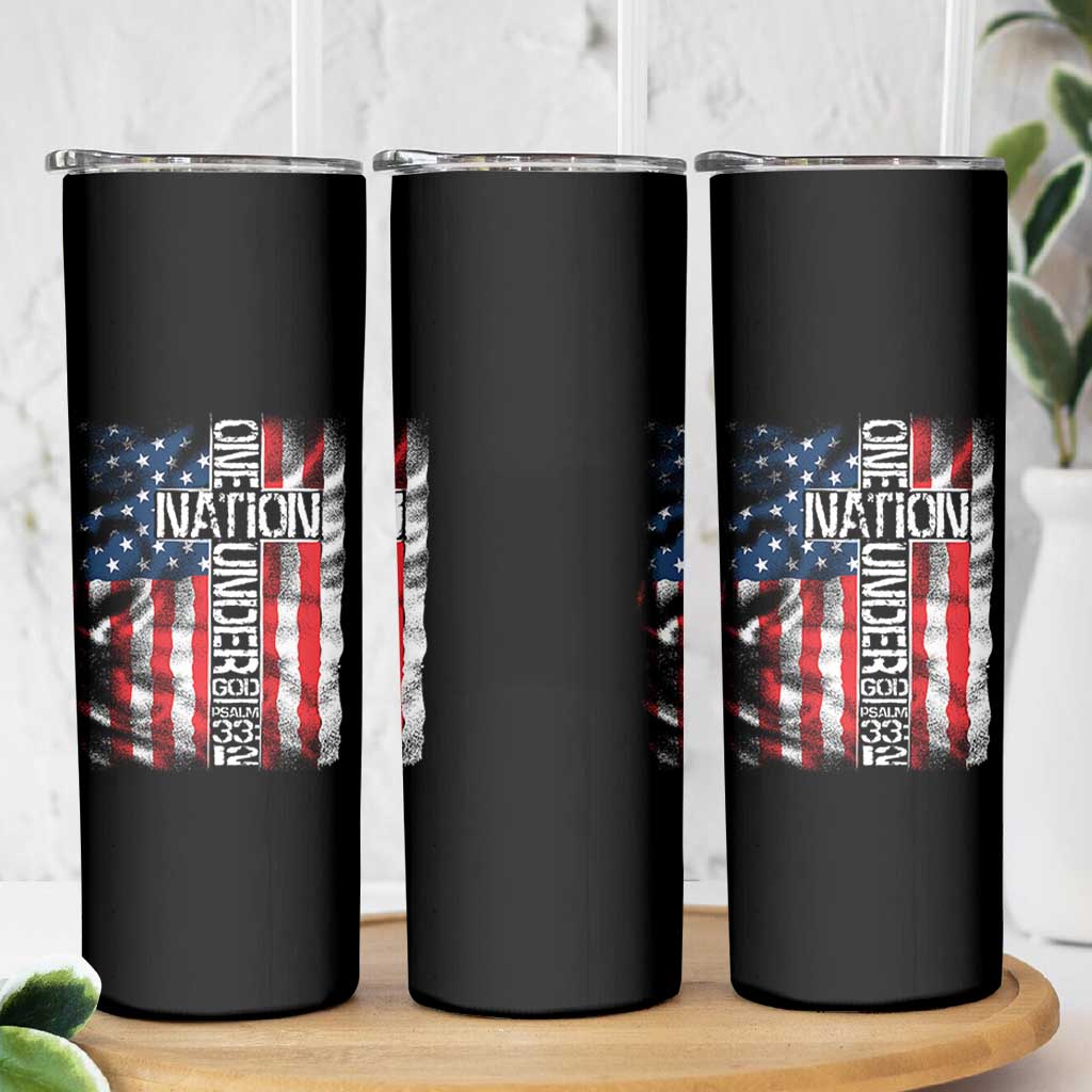 One Nation Under God Skinny Tumbler 4th Of July Patriotic Christian Vintage Cross American Flag - Wonder Print Shop