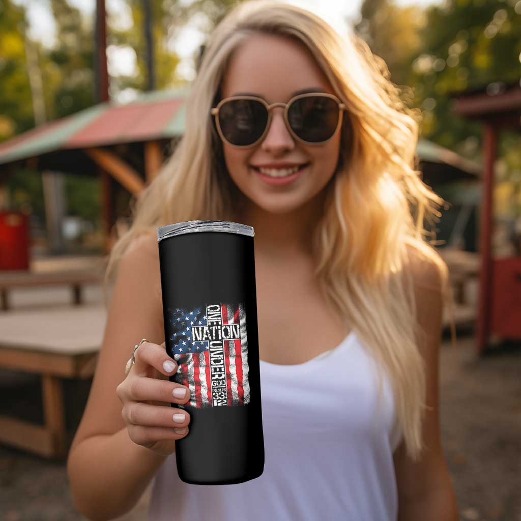 One Nation Under God Skinny Tumbler 4th Of July Patriotic Christian Vintage Cross American Flag - Wonder Print Shop