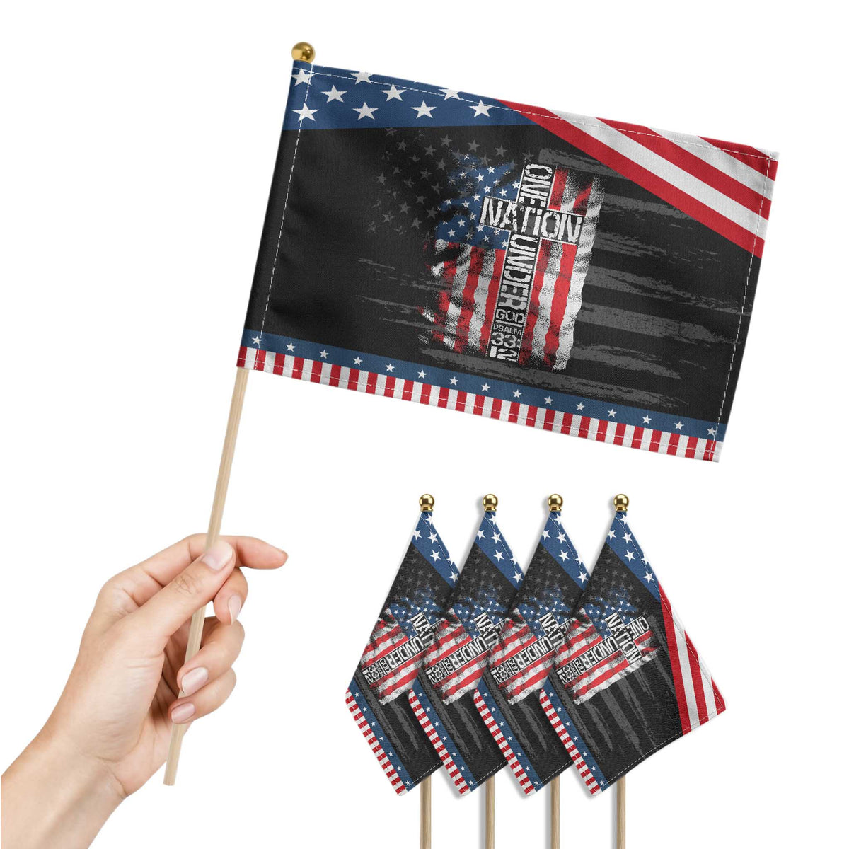 One Nation Under God Patriotic Handheld Flag 4th Of July Patriotic Christian Vintage Cross American Flag