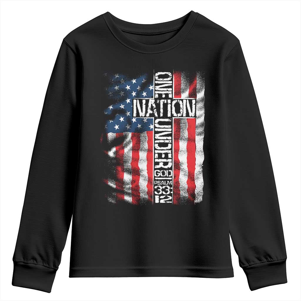 One Nation Under God Youth Sweatshirt 4th Of July Patriotic Christian Vintage Cross American Flag - Wonder Print Shop