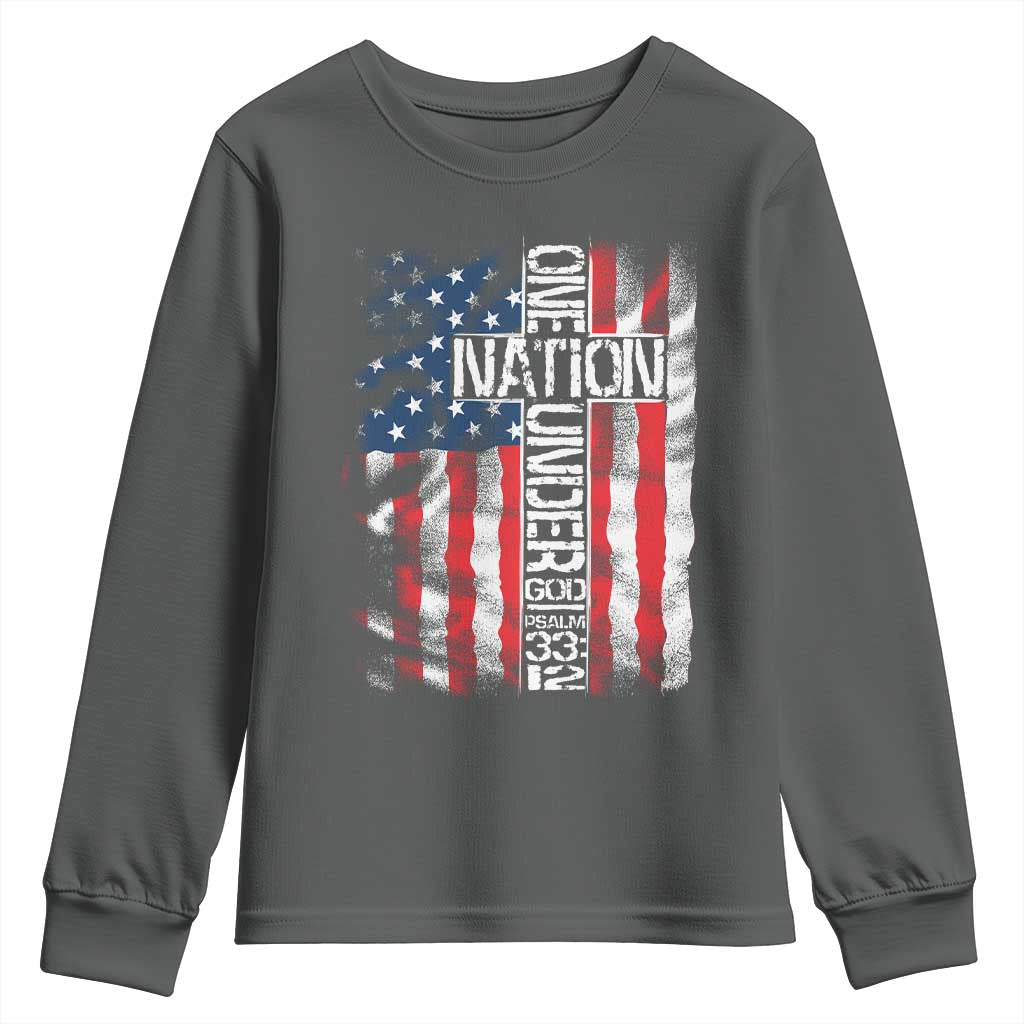 One Nation Under God Youth Sweatshirt 4th Of July Patriotic Christian Vintage Cross American Flag - Wonder Print Shop