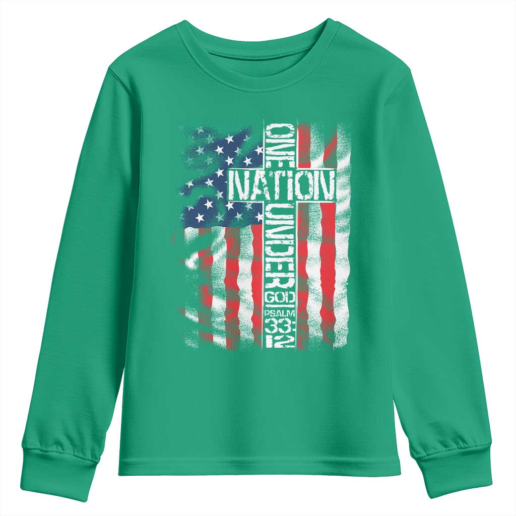 One Nation Under God Youth Sweatshirt 4th Of July Patriotic Christian Vintage Cross American Flag - Wonder Print Shop