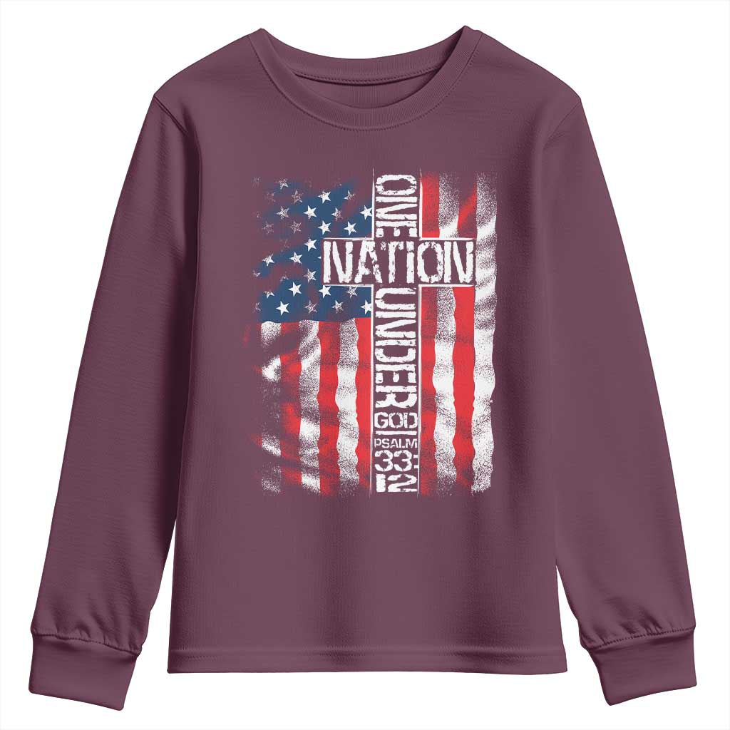 One Nation Under God Youth Sweatshirt 4th Of July Patriotic Christian Vintage Cross American Flag - Wonder Print Shop