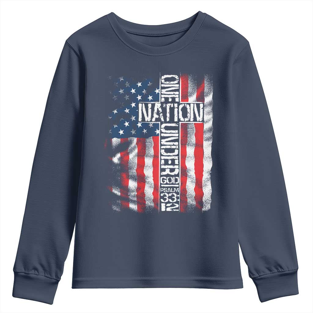 One Nation Under God Youth Sweatshirt 4th Of July Patriotic Christian Vintage Cross American Flag - Wonder Print Shop