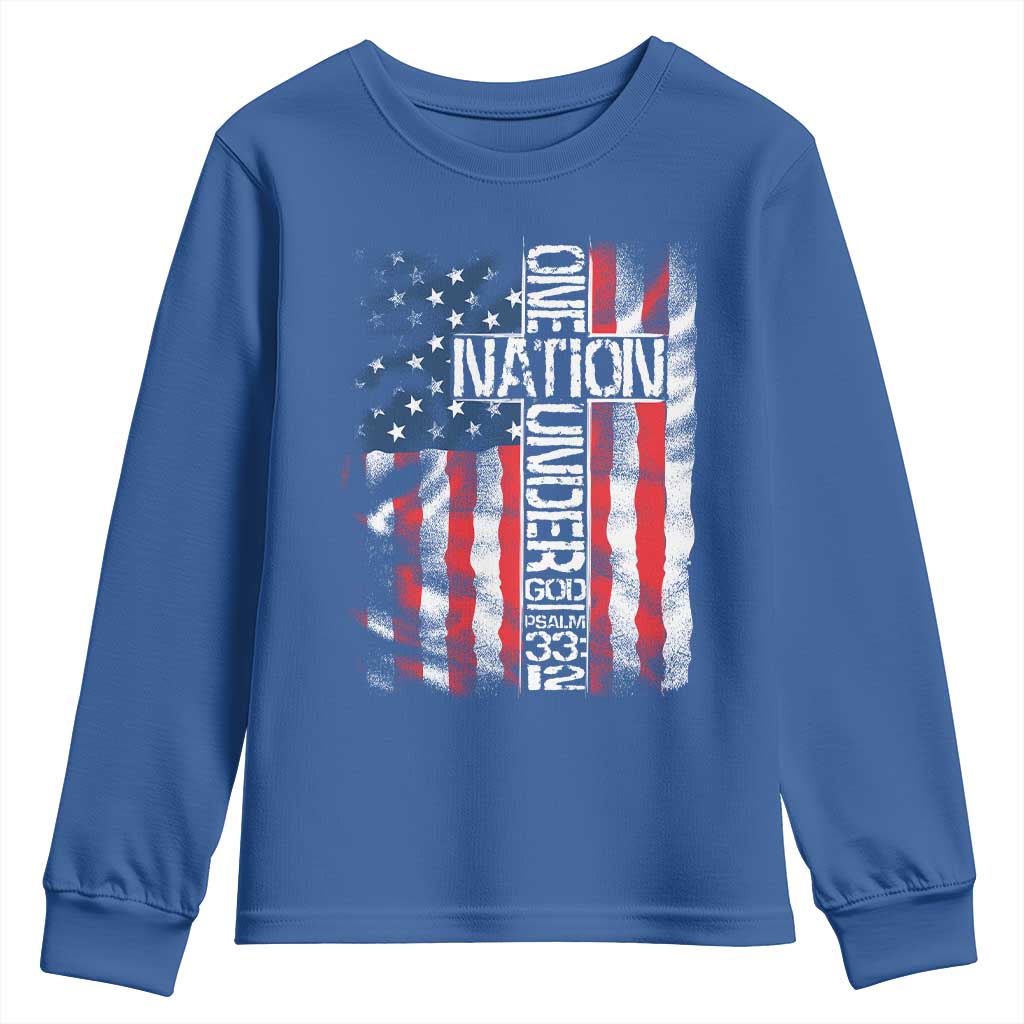 One Nation Under God Youth Sweatshirt 4th Of July Patriotic Christian Vintage Cross American Flag - Wonder Print Shop