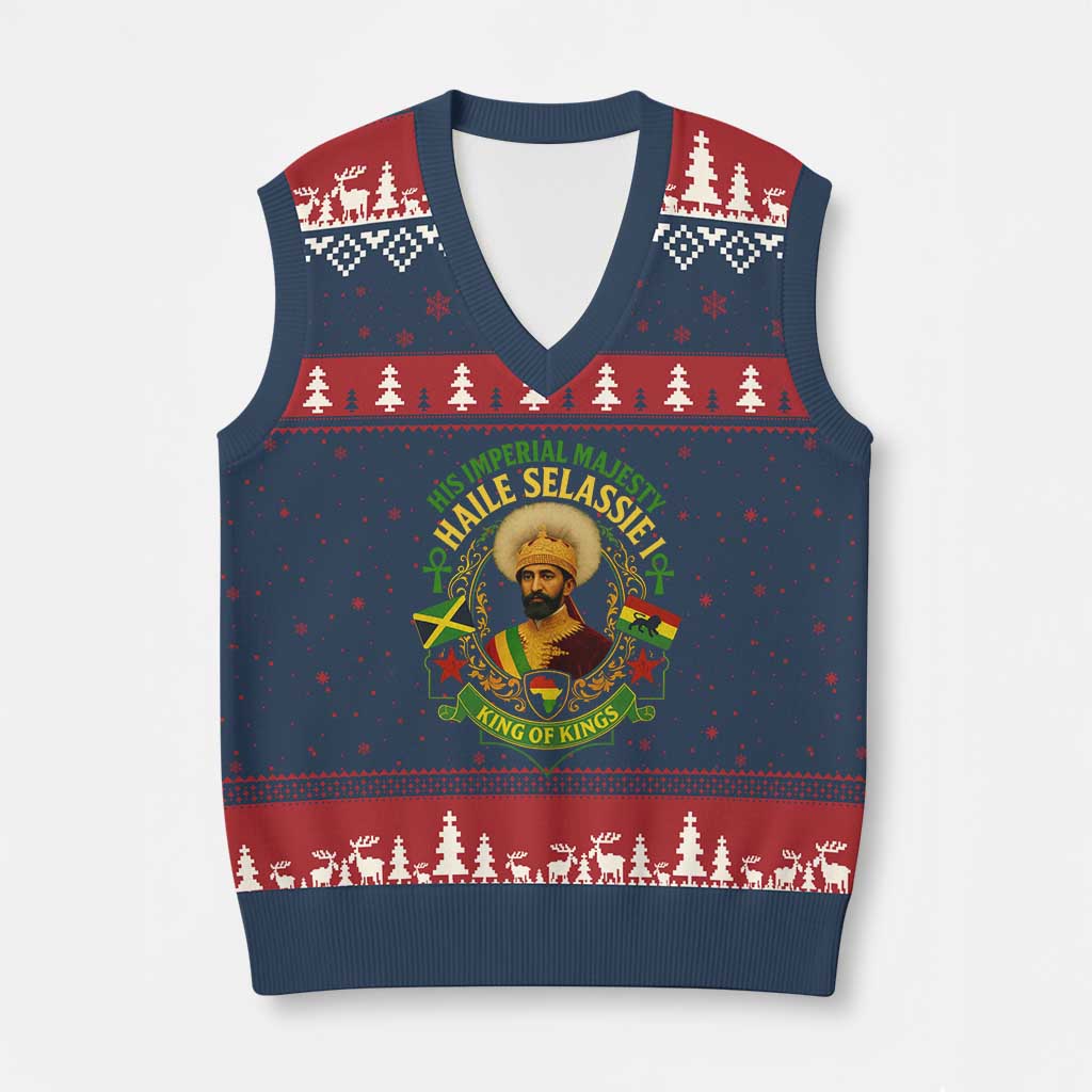 Haile Selassie V-Neck Knit Sweater Vest King Of Kings His Imperial Majesty Rastafari Flag - Wonder Print Shop