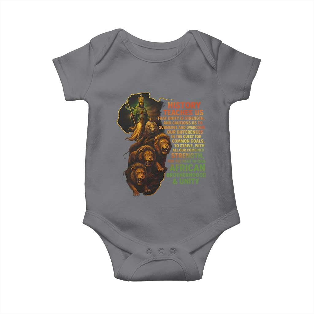 Haile Selassie Quotes Baby Onesie History Teaches Us That Unity Is Strength Rasta Lions of Judah - Wonder Print Shop