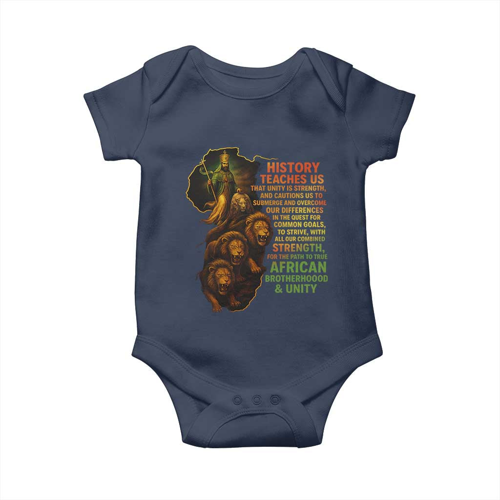 Haile Selassie Quotes Baby Onesie History Teaches Us That Unity Is Strength Rasta Lions of Judah - Wonder Print Shop