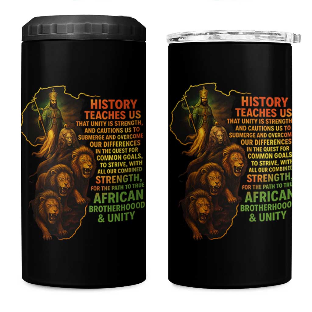 Haile Selassie Quotes 4 in 1 Can Cooler Tumbler History Teaches Us That Unity Is Strength Rasta Lions of Judah - Wonder Print Shop
