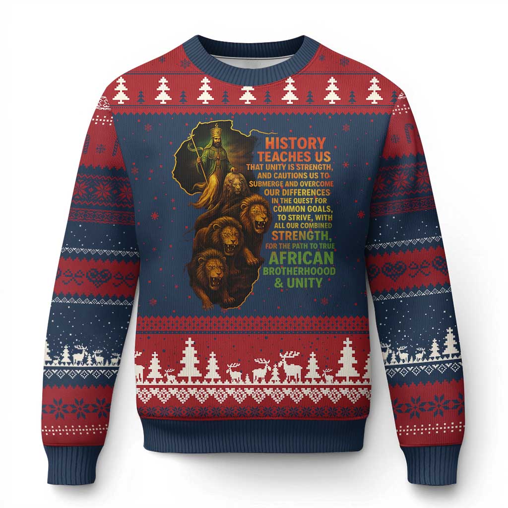 Haile Selassie Quotes Ugly Christmas Sweater History Teaches Us That Unity Is Strength Rasta Lions of Judah - Wonder Print Shop